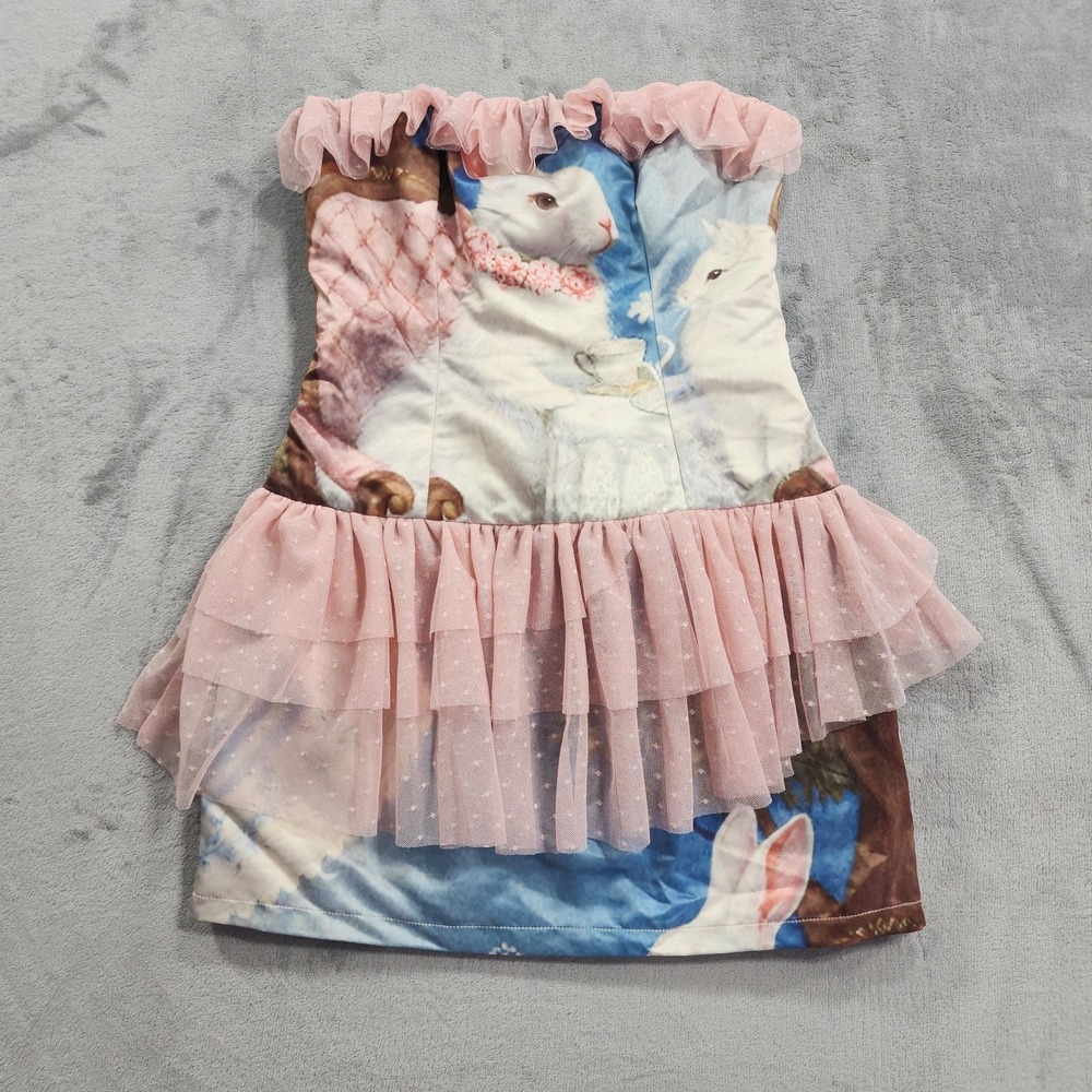 NEW Cider Dress Womens S Pink Bunny Print‎ Ruffle Tulle Strapless Mini Party